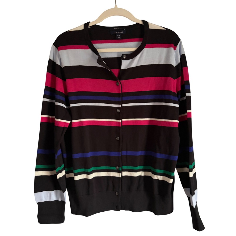 Lands End Womens Large Petite Supima Cotton Striped Cardigan Sweater Multi Color